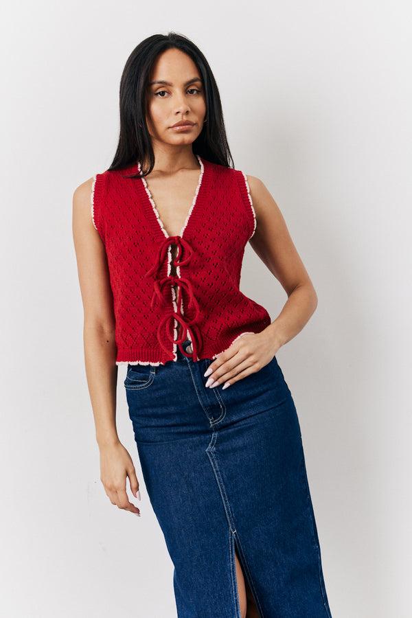 in the style In The Style Red Contrast Edge Tie Front Knitted Waistcoat Red