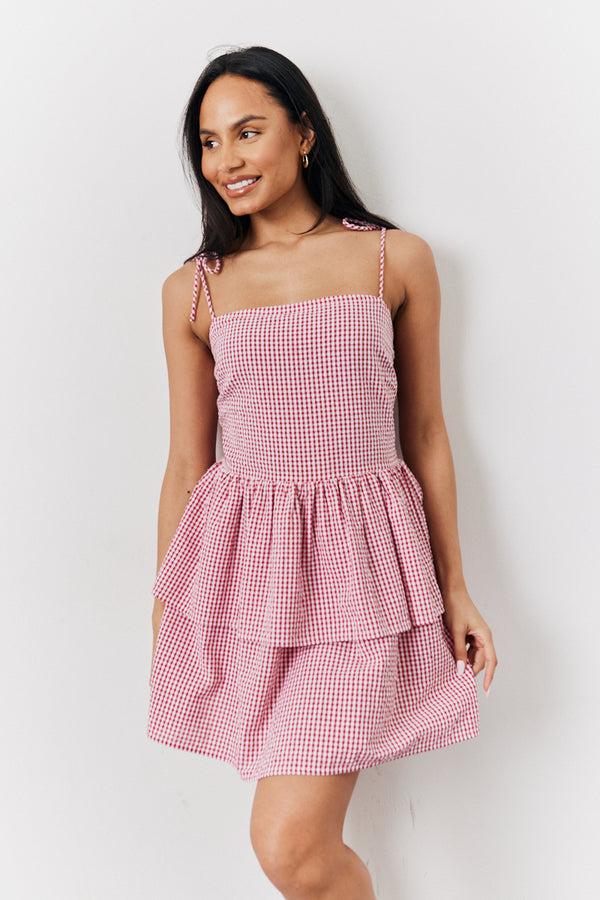 in the style In The Style Red Seersucker Gingham Shirred Mini Dress Red