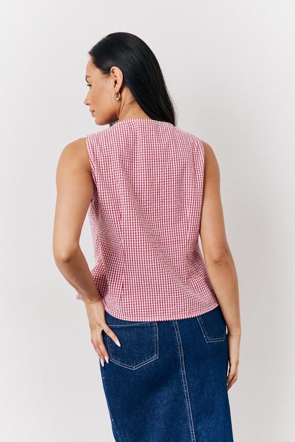 In The Style In The Style Red Seersucker Gingham Tie Front Top Red