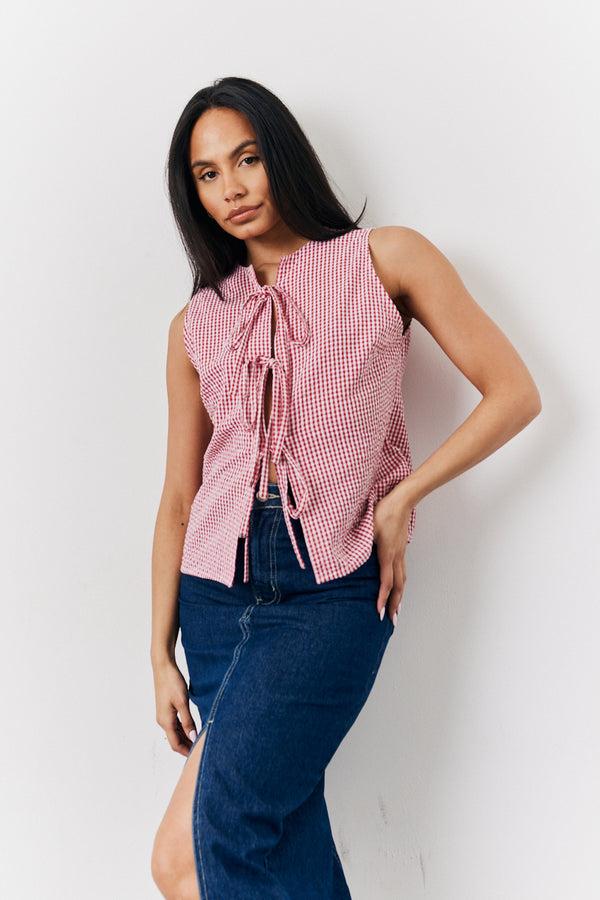 in the style In The Style Red Seersucker Gingham Tie Front Top Red