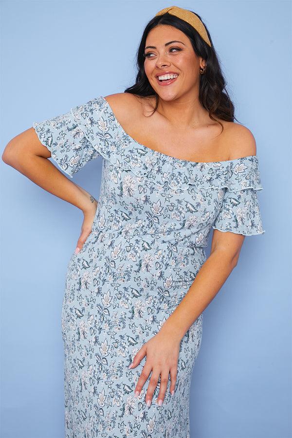 In The Style In The Style Responsible Viscose Paisley Bardot Midi Dress Blue