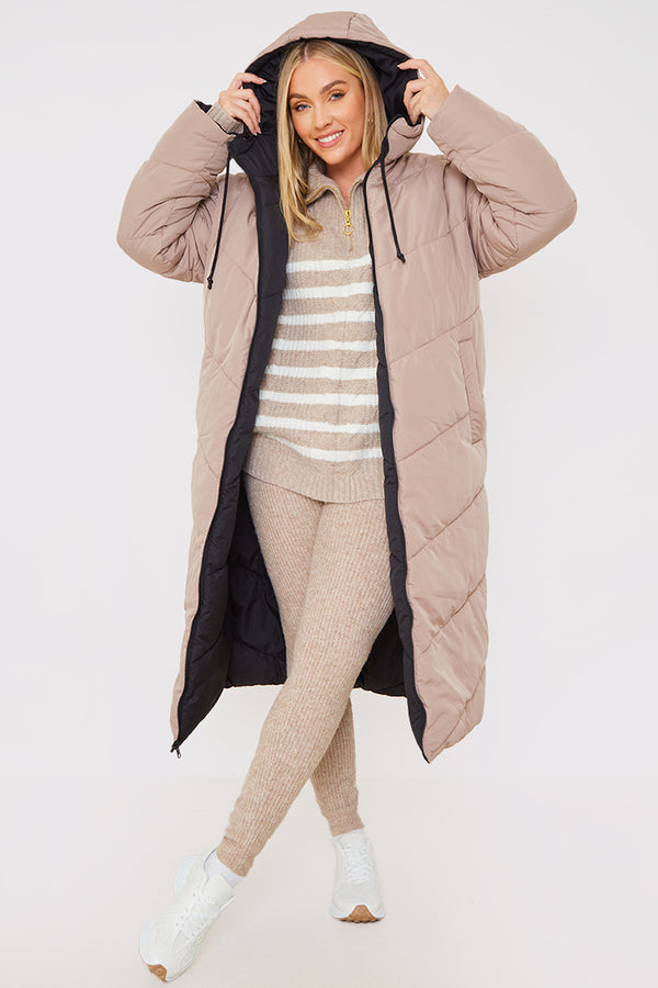 In The Style In The Style Reversible Hooded Longline Puffer Coat Stone