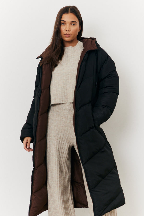 in the style In the Style Reversible Hooded Longline Puffer Coat Chocolate