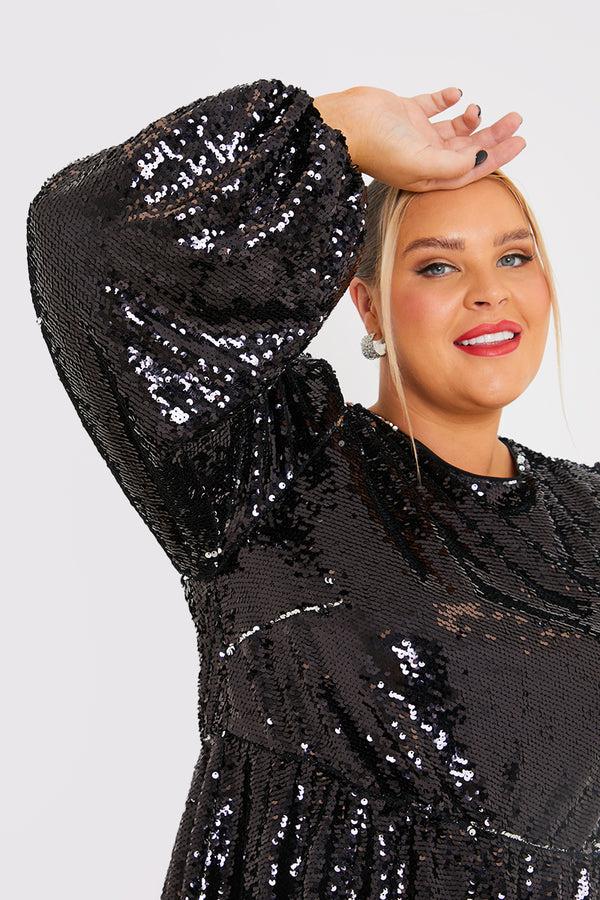 In The Style In The Style Reversible Sequin Mini Smock Dress Black