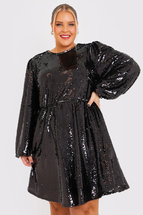 in the style In the Style Reversible Sequin Mini Smock Dress Black