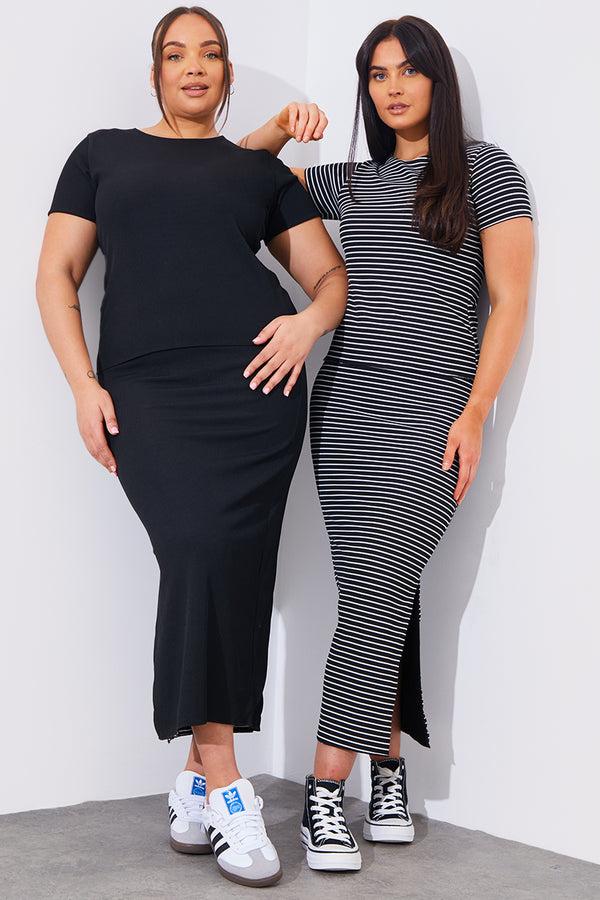 In The Style In The Style Reversible Stripe Co-Ord Midi Skirt Black