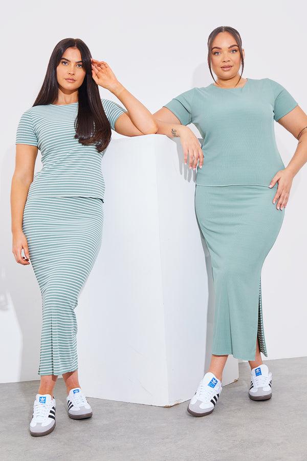 in the style In The Style Reversible Stripe Co-Ord Midi Skirt Sage