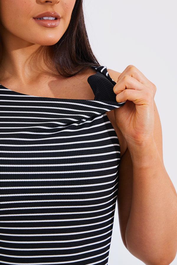 In The Style In The Style Reversible Stripe Racer Neck Midi Dress Black