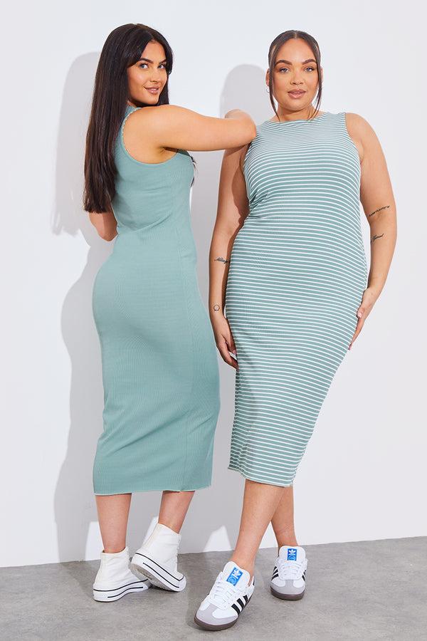in the style In The Style Reversible Stripe Racer Neck Midi Dress Sage