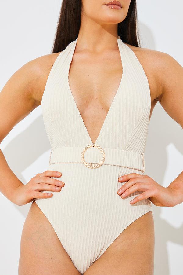 In The Style In The Style Rib Belted Halterneck Swimsuit Cream