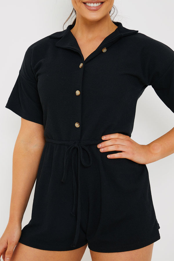 In The Style In The Style Rib Button Down Collared Playsuit Black