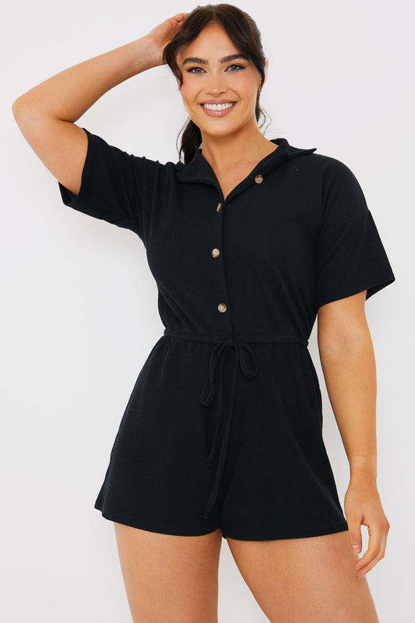 In The Style In The Style Rib Button Down Collared Playsuit Black