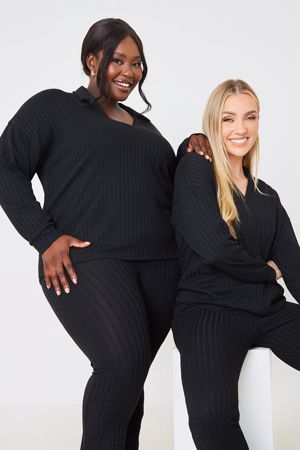 In The Style In The Style Rib Collared Oversized Top Black