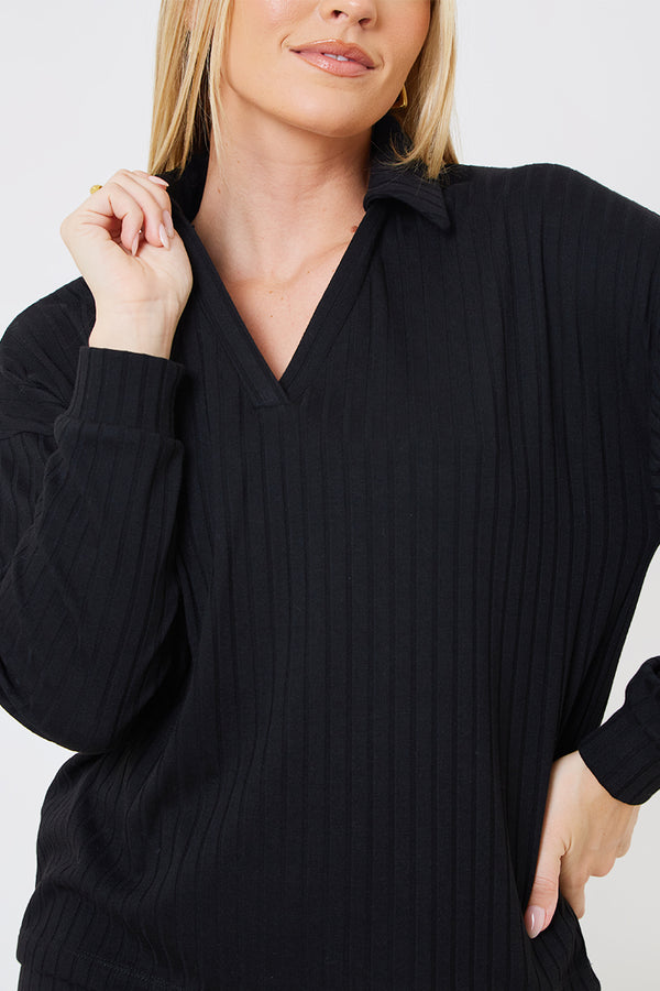 In The Style In The Style Rib Collared Oversized Top Black