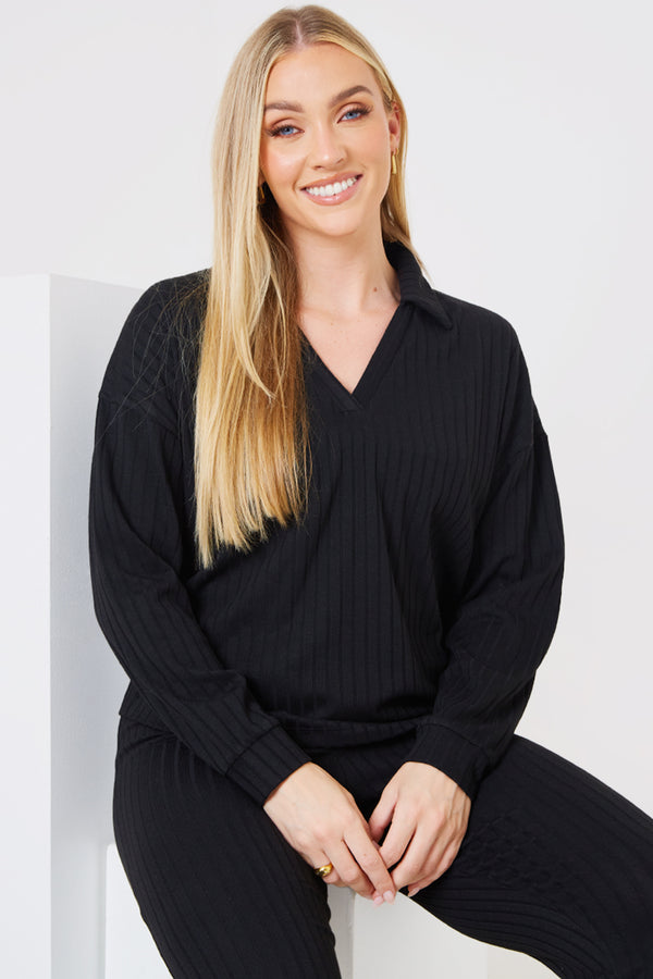 in the style In the Style Rib Collared Oversized Top Black