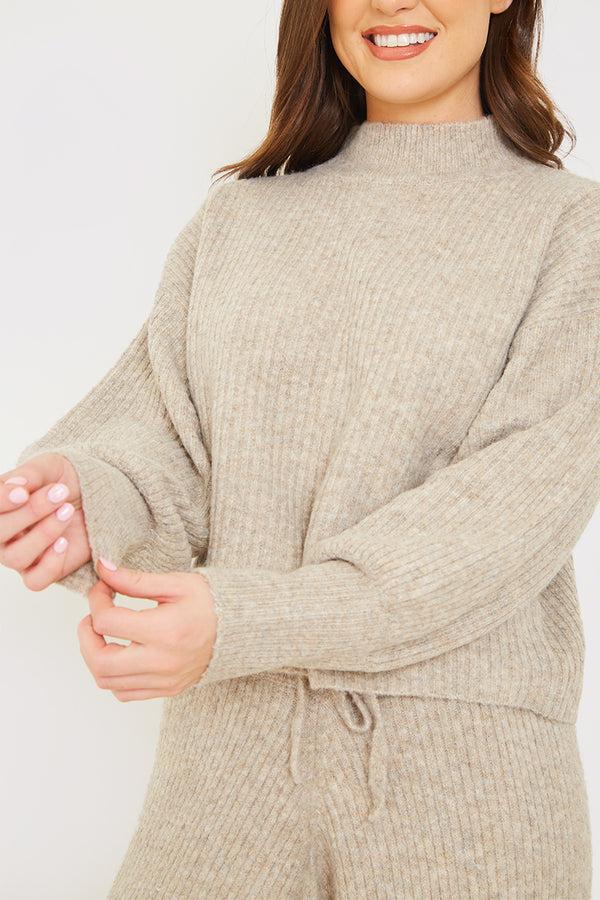 In The Style In The Style Rib Detail High Neck Co Ord Knitted Jumper Oatmeal