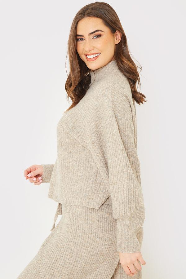 In The Style In The Style Rib Detail High Neck Co Ord Knitted Jumper Oatmeal