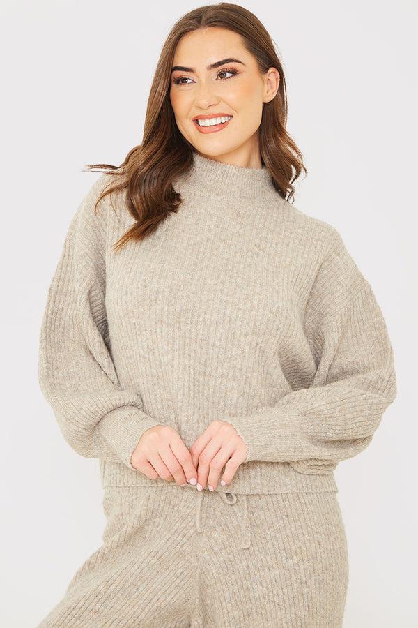 in the style In the Style Rib Detail High Neck Co Ord Knitted Jumper Oatmeal