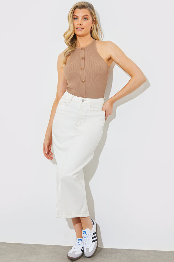 In The Style In The Style Rib Knit Button Detail Racer Neck Bodysuit Neutral