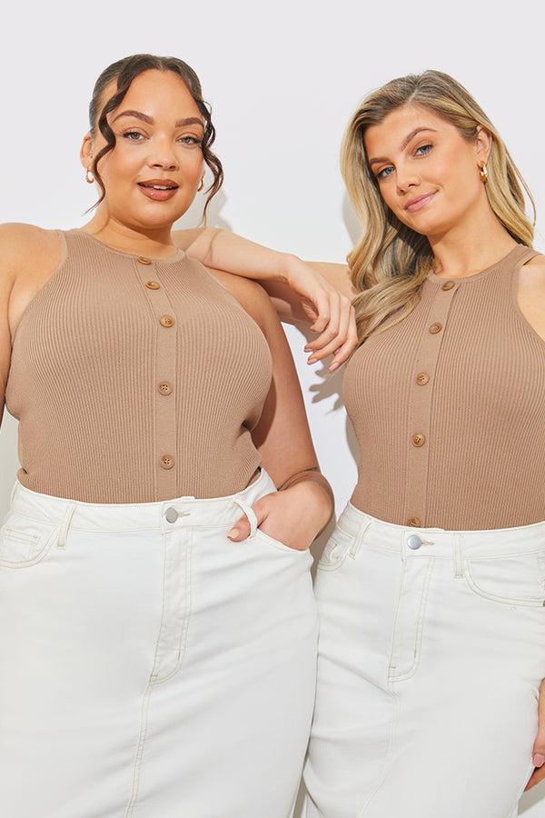 in the style In The Style Rib Knit Button Detail Racer Neck Bodysuit Neutral