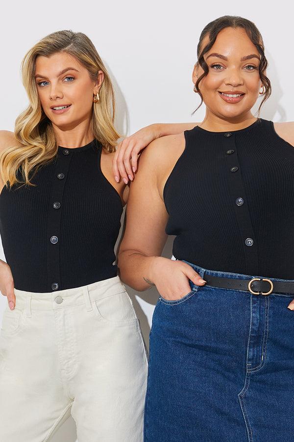 in the style In The Style Rib Knit Button Detail Racer Neck Bodysuit Black