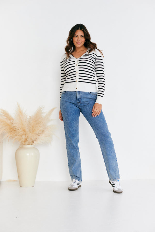 In The Style In The Style Rib Knit Button Up Stripe Cardigan Cream