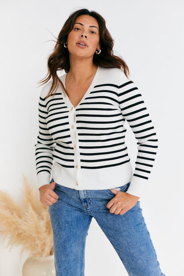 in the style In The Style Rib Knit Button Up Stripe Cardigan Cream