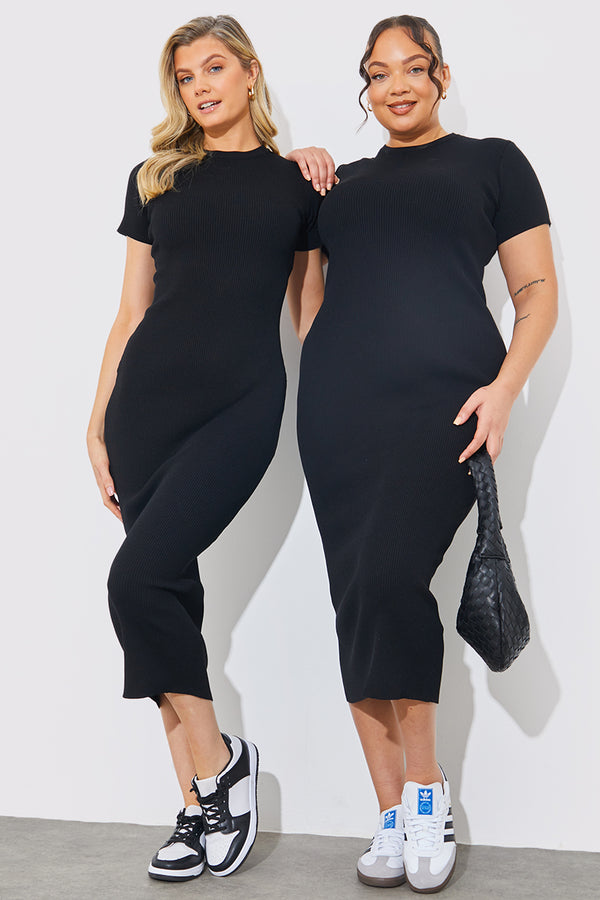 in the style In The Style Rib Knit Crew Neck Midaxi Dress Black