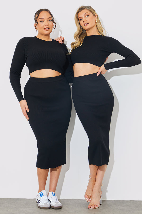 in the style In The Style Rib Knit High Waisted Midi Co-ord Skirt Black