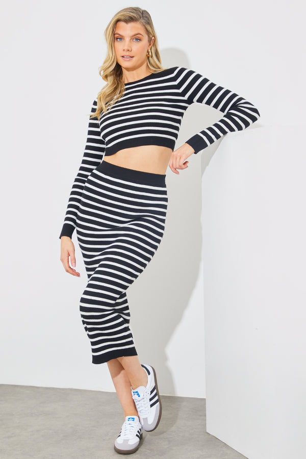 In The Style In The Style Rib Knit Stripe Crew Neck Co-Ord Top Black