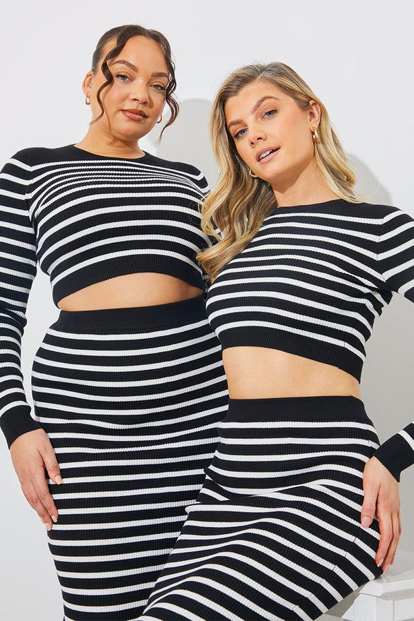 in the style In The Style Rib Knit Stripe Crew Neck Co-Ord Top Black