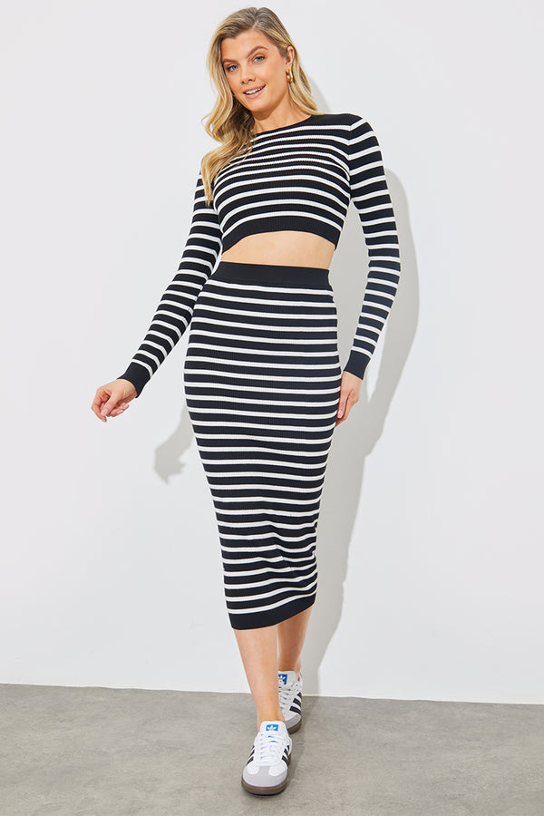 In The Style In The Style Rib Knit Stripe High Waisted Co-Ord Midi Skirt Black