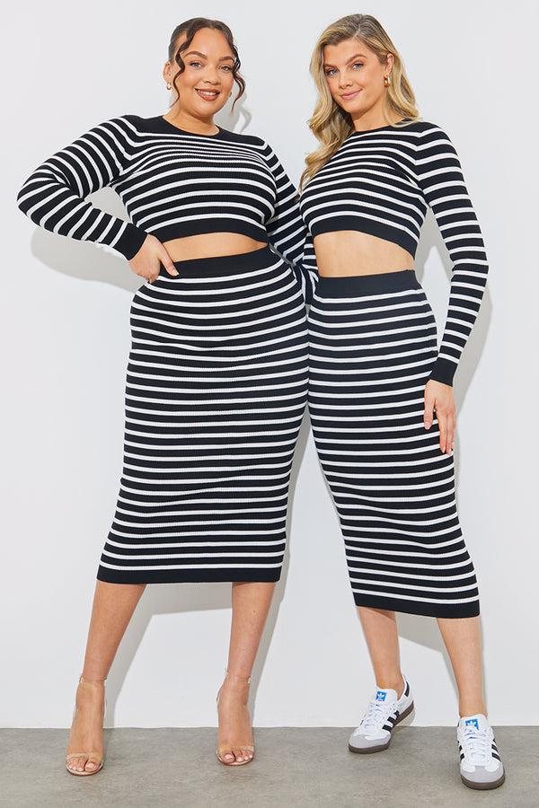 in the style In The Style Rib Knit Stripe High Waisted Co-Ord Midi Skirt Black