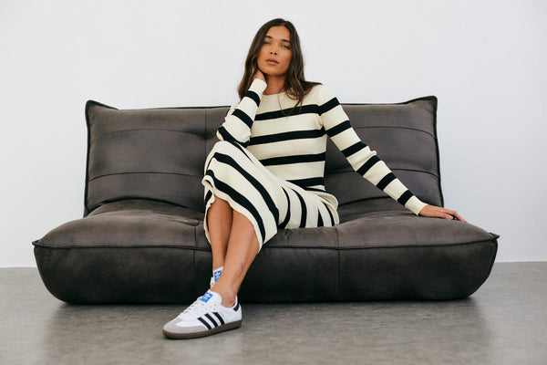 In The Style In The Style Rib Knit Stripe Long Sleeve Midaxi Dress Neutral