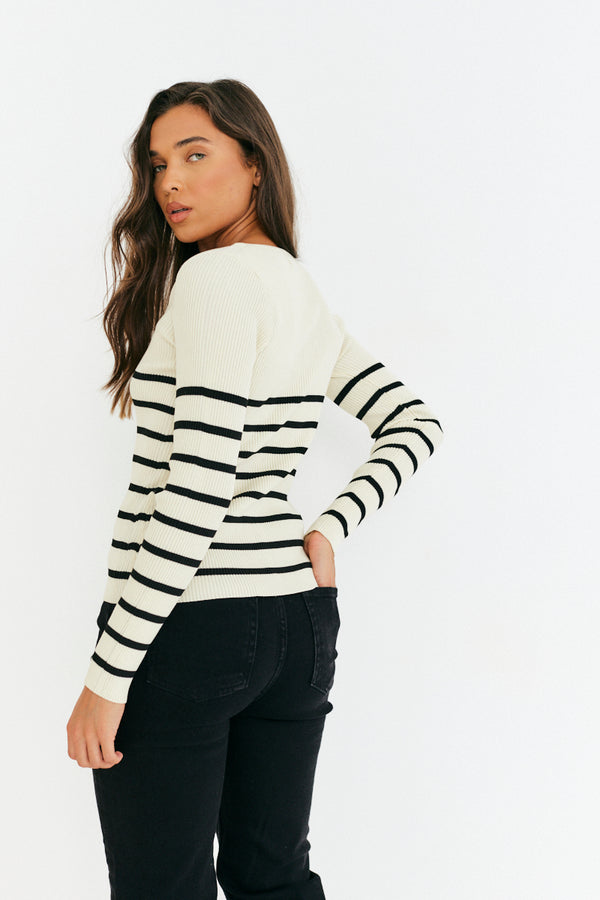 In The Style In The Style Rib Knit Stripe Scoop Neck Long Sleeve Top Black