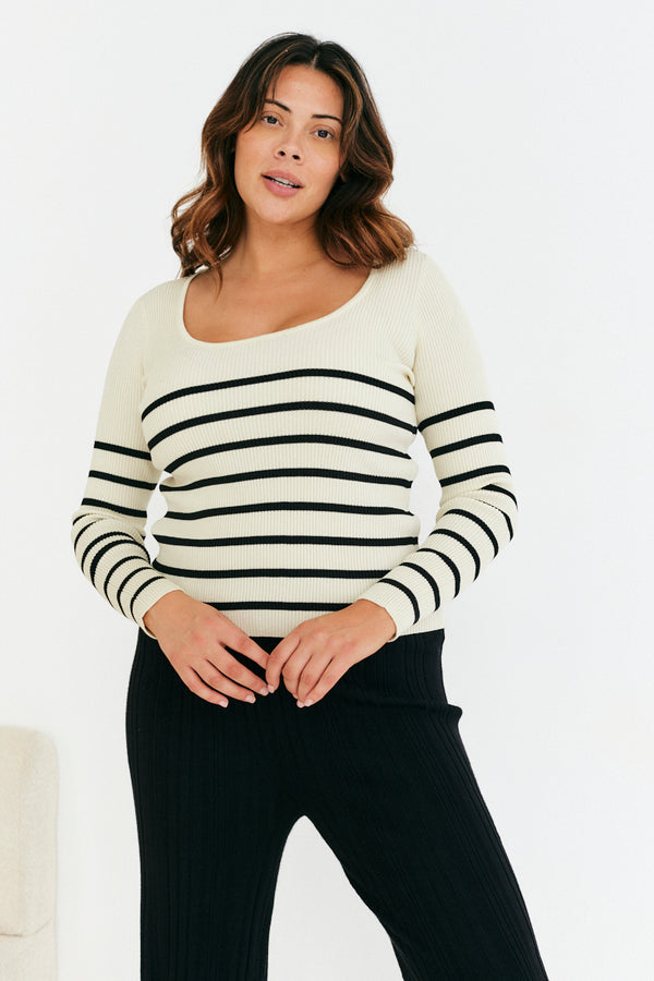 In The Style In The Style Rib Knit Stripe Scoop Neck Long Sleeve Top Black