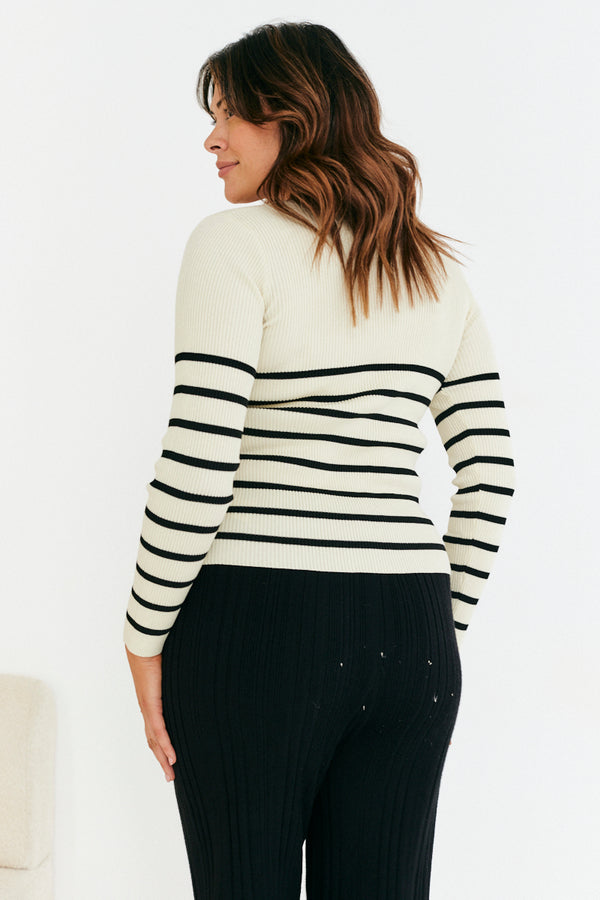 In The Style In The Style Rib Knit Stripe Scoop Neck Long Sleeve Top Black