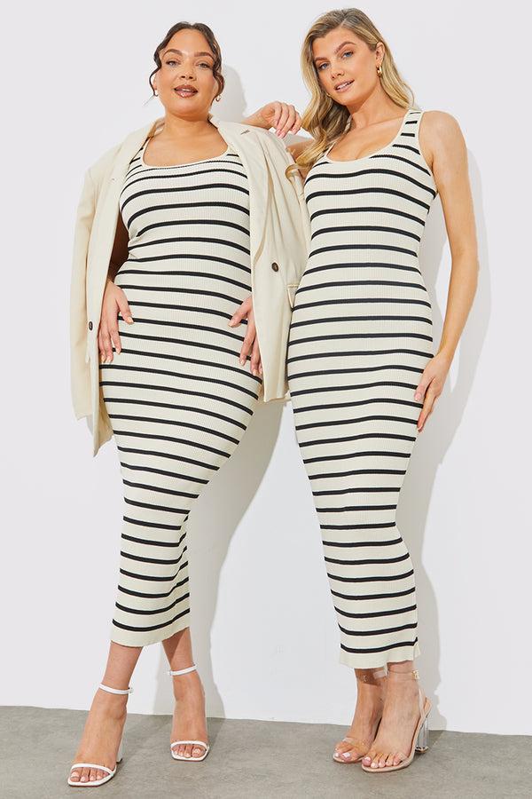 in the style In The Style Rib Knit Stripe Scoop Neck Maxi Dress Neutral