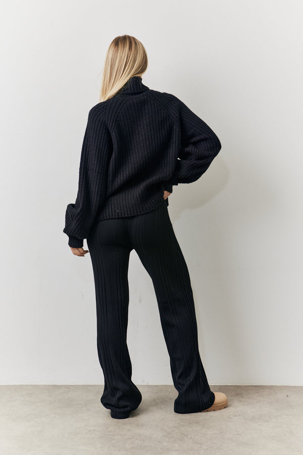 In The Style In The Style Rib Knit Wide Leg Co Ord Trouser Black
