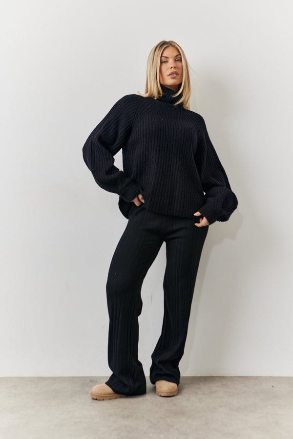 in the style In The Style Rib Knit Wide Leg Co Ord Trouser Black