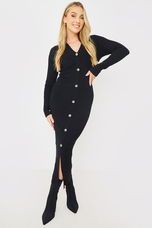 In The Style In The Style Rib Knitted Button Through Midaxi Dress Black
