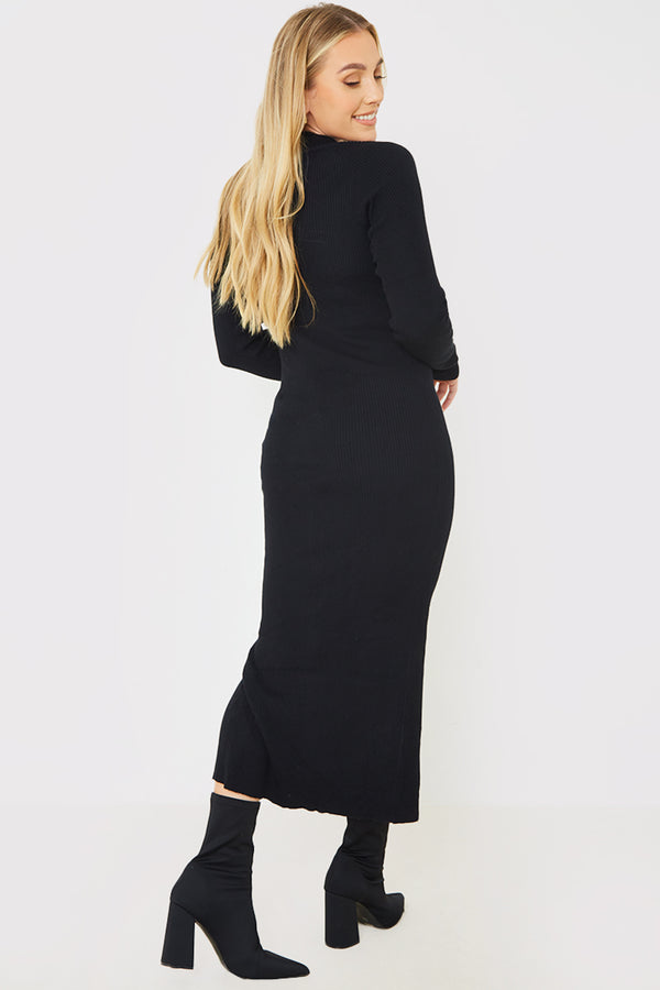 In The Style In The Style Rib Knitted Button Through Midaxi Dress Black