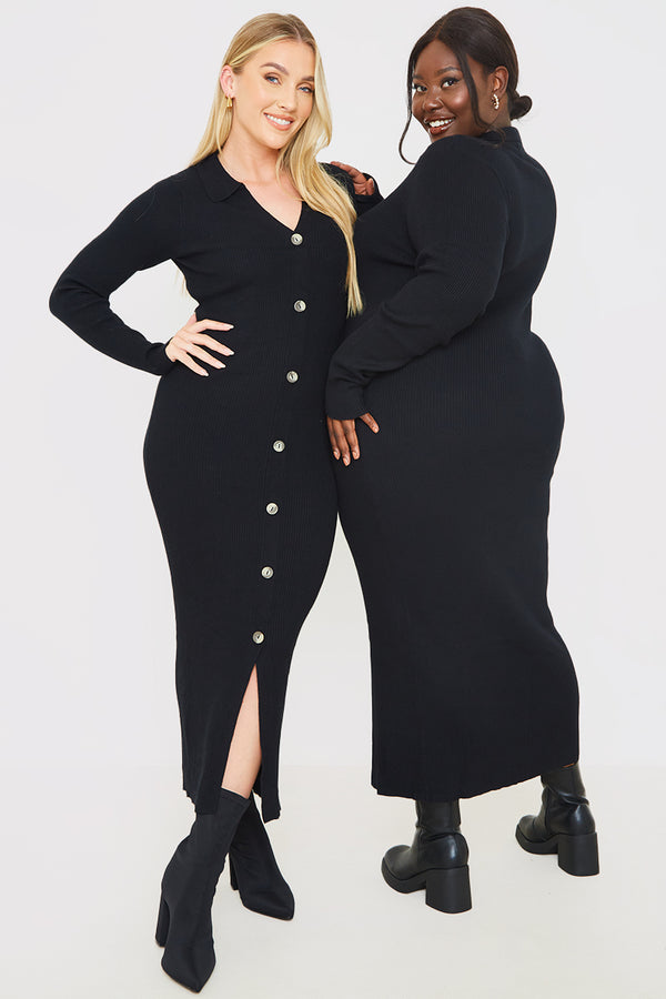 in the style In the Style Rib Knitted Button Through Midaxi Dress Black