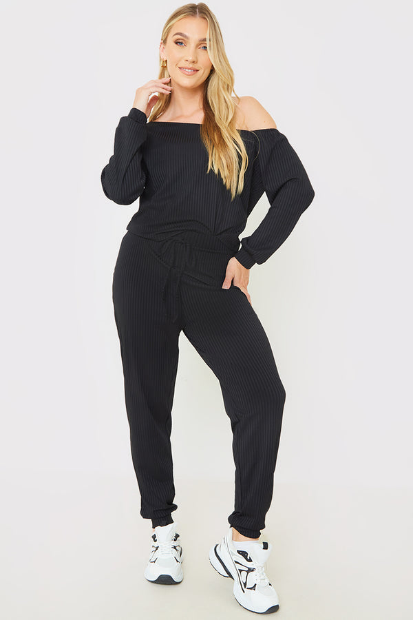 In The Style In The Style Rib Lounge Off Shoulder Co-Ord Top Black