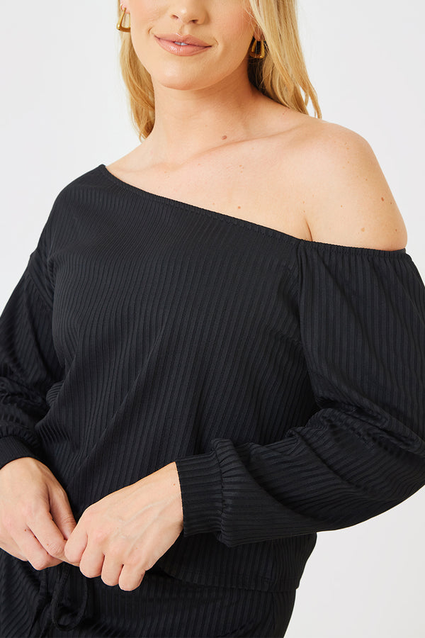 In The Style In The Style Rib Lounge Off Shoulder Co-Ord Top Black