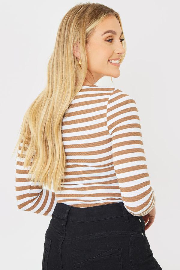 In The Style In The Style Rib Striped Long Sleeve Square Neck Bodysuit Camel