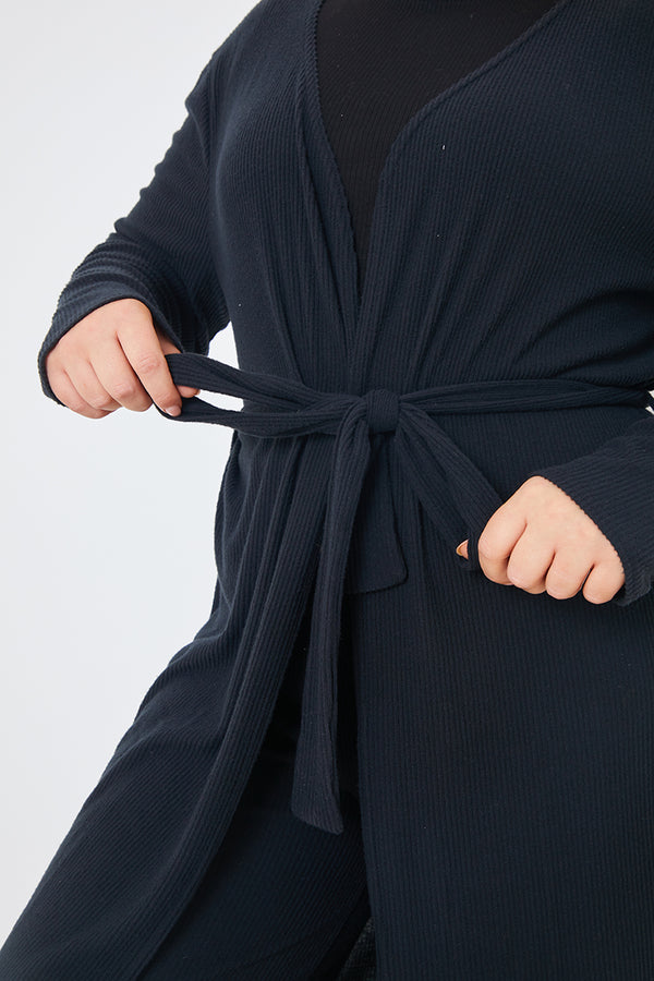 In The Style In The Style Rib Tie Waist Longline Cardigan Black