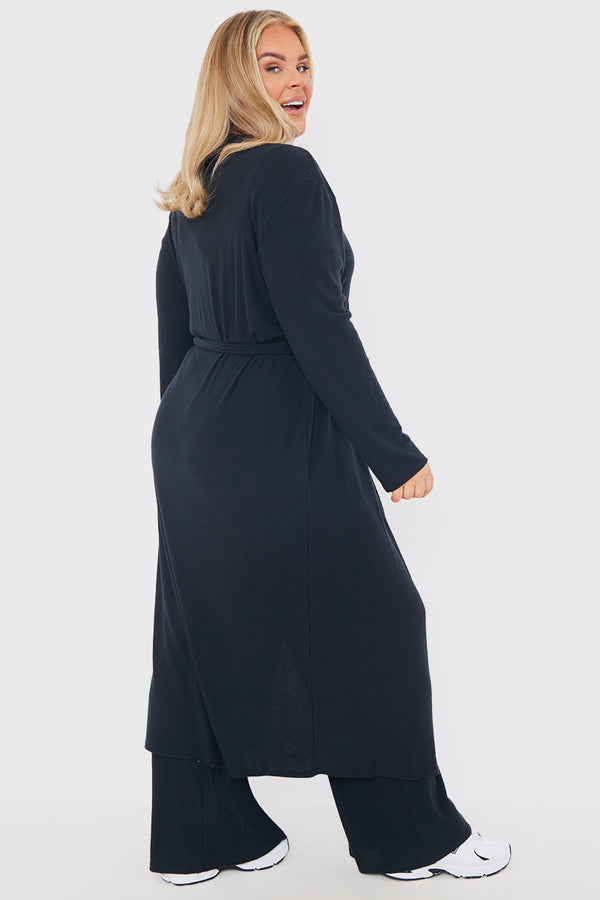 In The Style In The Style Rib Tie Waist Longline Cardigan Black