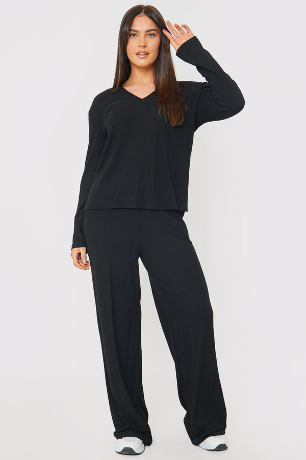 In The Style In The Style Rib V Neck Lounge Top Black