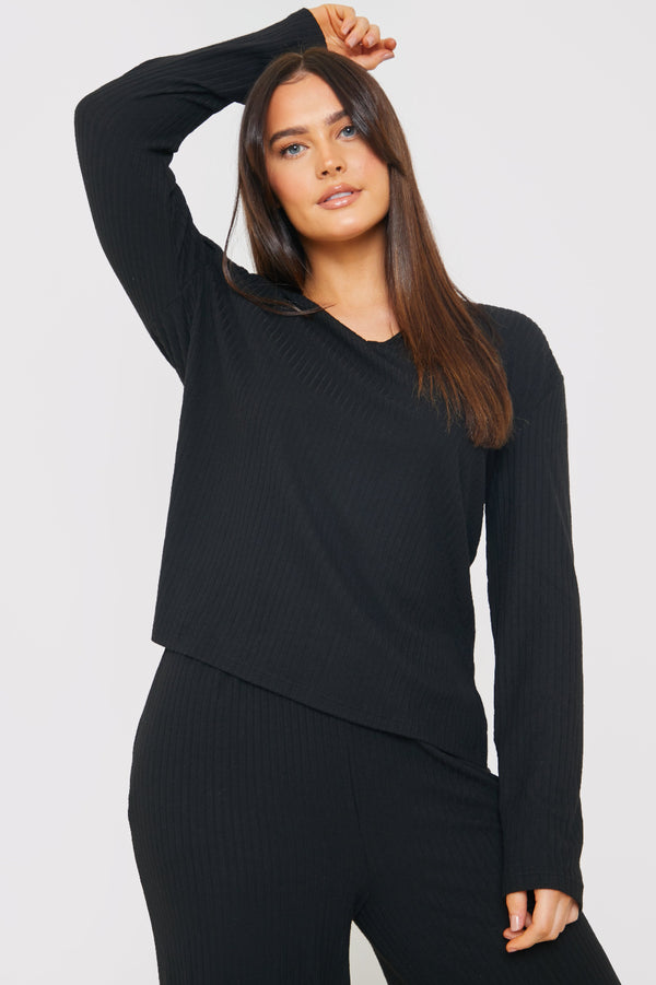 in the style In the Style Rib V Neck Lounge Top Black